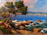 tableau représentant une vue sur l'océan avec un voilier au loin