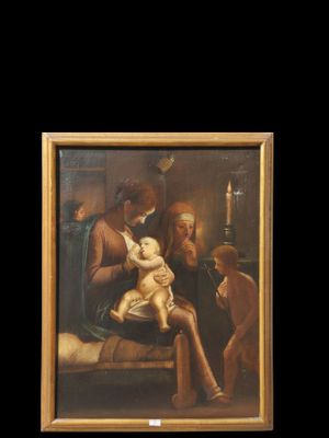 painting of a woman holding a baby in a room with other people