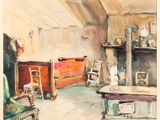 a painting of a living room with furniture and a fireplace