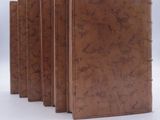 five brown books lined up in a row on a white surface