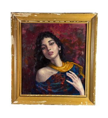 tableau représentant une femme en robe bleue tenant un foulard jaune