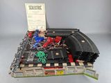 a toy train set on display on a table