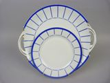 an image of a blue and white plate and bowl on a table