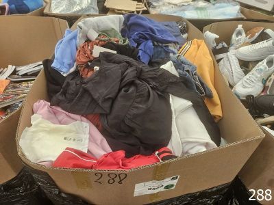 une boîte pleine de vêtements posée sur le sol
