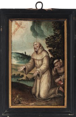 a painting of a man in a monk ' s robes holding a staff