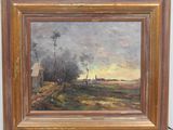 an oil painting of a landscape with a house in the distance