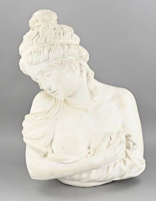 white marble bust of a woman holding a baby