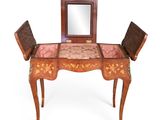 an image of a wooden vanity with a mirror on it