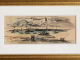 an image of a painting of a landscape with people on a beach