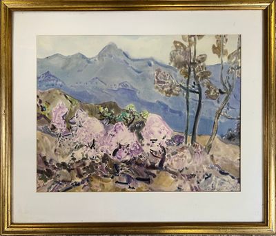framed watercolor painting of a mountain scene with trees and rocks