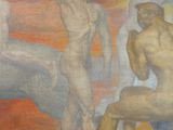 a painting on the wall of a building that has a painting of a group of men