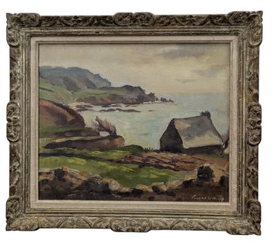 une peinture représentant une ancienne peinture d'une ferme au bord de la mer