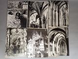 several black and white photos of a building and a horse