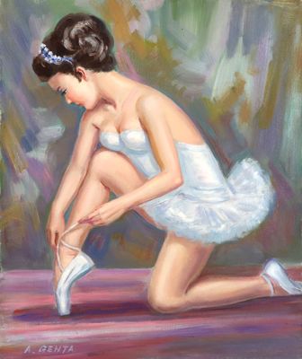 tableau représentant une jeune ballerine en train de lacer ses chaussons de danse
