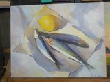 un tableau représentant des poissons posés sur une table, avec un citron dessus