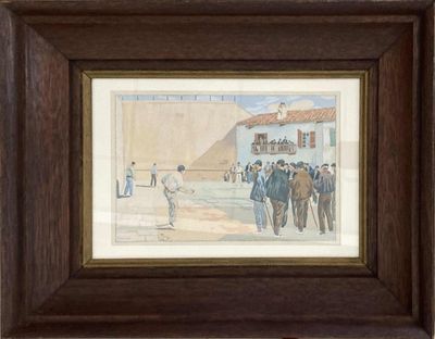 painting of a group of men playing a game of tennis on a court