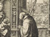 an old black and white drawing of a man holding a baby