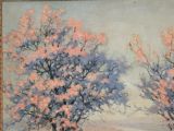 painting of a couple of trees in a field with a sky in the background