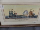 an old picture of two ships in the ocean with smoke coming out of them