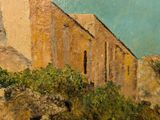 an oil painting of a building on a hill with a sky background
