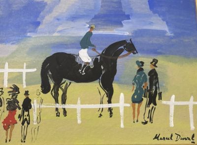 une peinture représentant un homme à cheval dans un champ