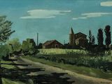 une peinture à l'huile représentant une route de campagne avec une église au loin