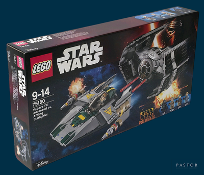 une boîte contenant des sets Lego Star Wars sur fond bleu
