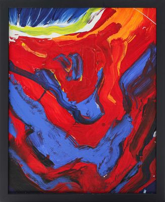 a painting of a red, blue and yellow abstract painting