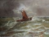 un tableau représentant un bateau au milieu de l'océan