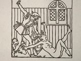 an ink drawing of a woman and a dog in a cage