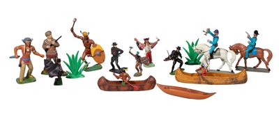 many figurines of different people on a white background