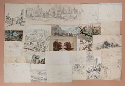 a bunch of drawings on the wall of a room