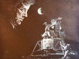 tableau représentant un homme sur la Lune regardant un autre homme sur la Lune