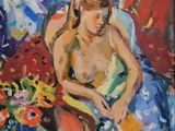 une peinture à l'huile représentant une femme assise sur une chaise, entourée de fleurs