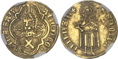 a gold coin with an image of a man holding a sword