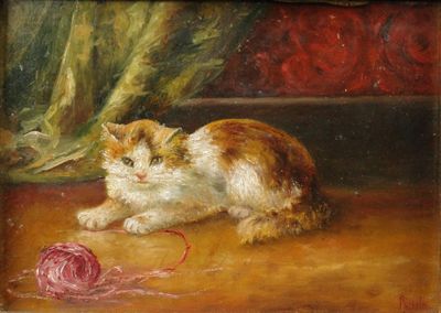 tableau représentant un chat jouant avec une pelote de laine sur le sol