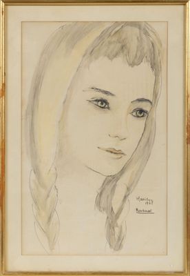 dessin représentant une femme aux cheveux longs et aux yeux bleus, dans un cadre doré