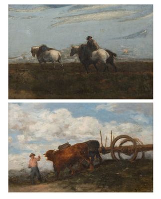 deux photos d'un tableau représentant un homme labourant un champ avec deux chevaux