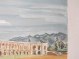 a painting of a building in the middle of a field