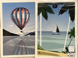 three cards with a picture of a hot air balloon and a sailboat on the water