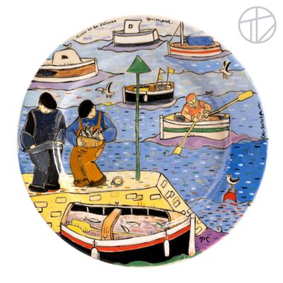 a plate with a painting of a man and a dog on it