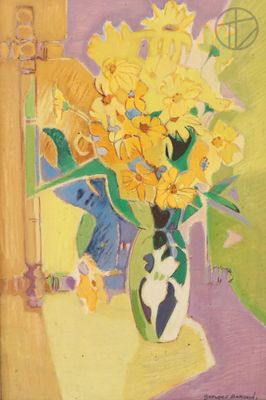tableau représentant des fleurs jaunes dans un vase vert posé sur une table