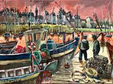 a painting of a man standing on a dock next to boats