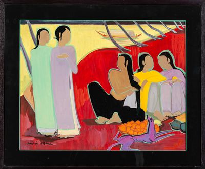 une peinture à l'huile représentant un groupe de personnes assises sur un canapé rouge