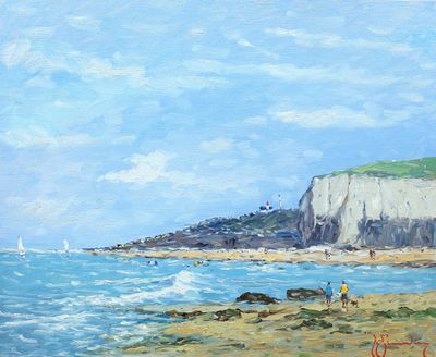 a painting of people walking on the beach near the water