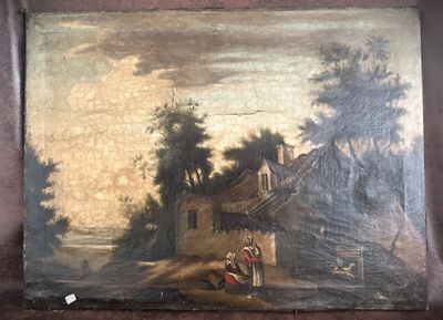 an old painting of a village scene with a man and a woman on a horse