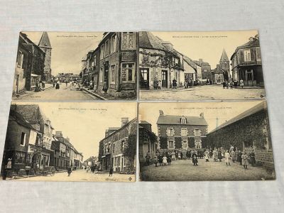 trois anciennes cartes postales représentant une scène de rue avec des passants marchant dans la rue