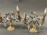pair of antique brass and crystal candelabs with flowers