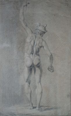 dessin représentant un homme nu tenant un poisson dans la main droite