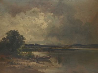 an image of a painting of a lake with a boat on the shore